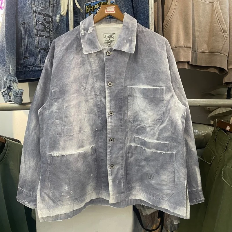 

Heavyweight Canvas Hand Waed Vintage American Street Tie Dye adient Loose Jeans Jaet Youthful Sle Long Sve Pure Color