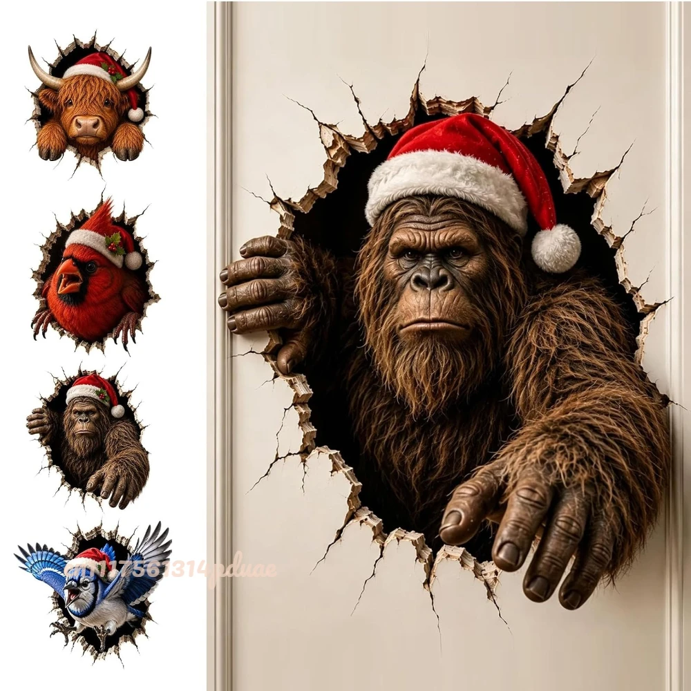Christmas 3D Breaking Through Door Decor,3D Illusion Door, Creative Wall Sticker Easy Placement, Festive Home Styling