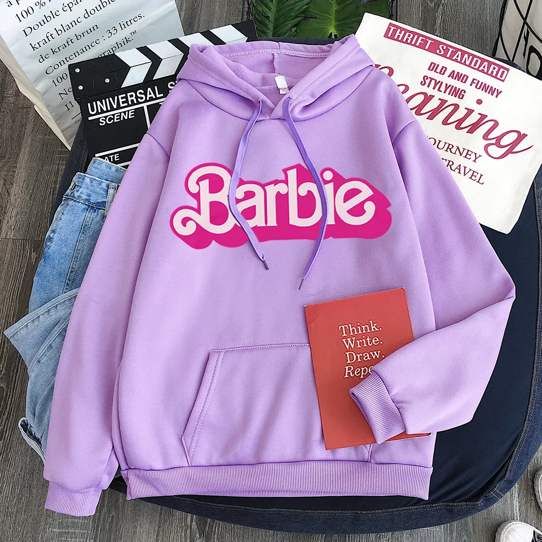 Felpa con cappuccio rosa Felpa con cappuccio da donna Cartoon stampato Barbie Primavera Autunno Manica lunga Abbigliamento sportivo Abbigliamento per ragazze Felpa allentata casual