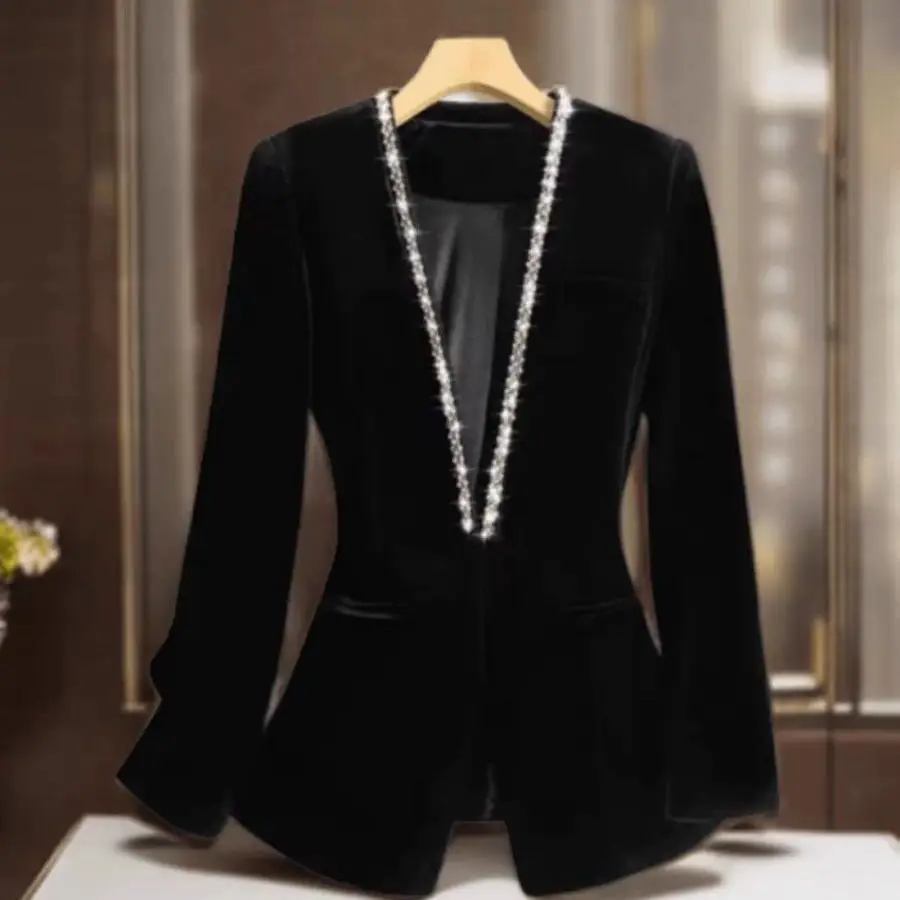 

Новый китайский элегантный тонкий блейзер с V-образным вырезом, инкрустированный стразами, из золотистого бархата для женщин, осенняя коллекция 2025 года, новый женский костюм