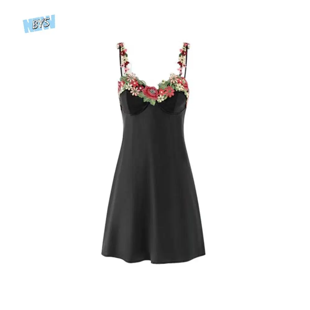 

Flower Embroidery Women's Pajama Dress Beauty Back Thin Satin Silk Suspender Nightdress Sleepwear Sleeveless