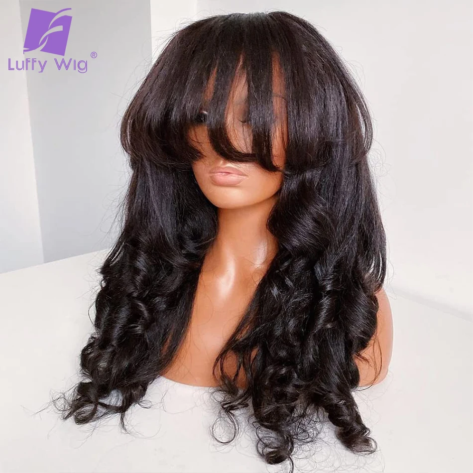 Brazilian Yaki Kinky Wavy Human Hair Wig With Bangs Machine Made Scalp Top Wig Glueless Wave 180Density For Women