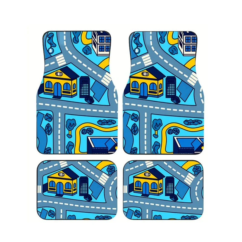 

4pcs Set City Map Print Car Floor Mats Universal Anti-Slip Waterproof Auto Foot Carpets Cartoon Road Building Pattern Car Decor
