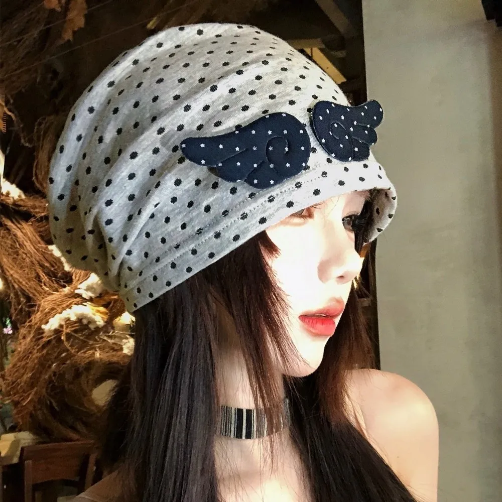 Fashion Polka Dot Pattern Stacking Bonnet Wing Decoration Breathable Beanie Hat Elastic Soft Stretch Fit Hats for Women