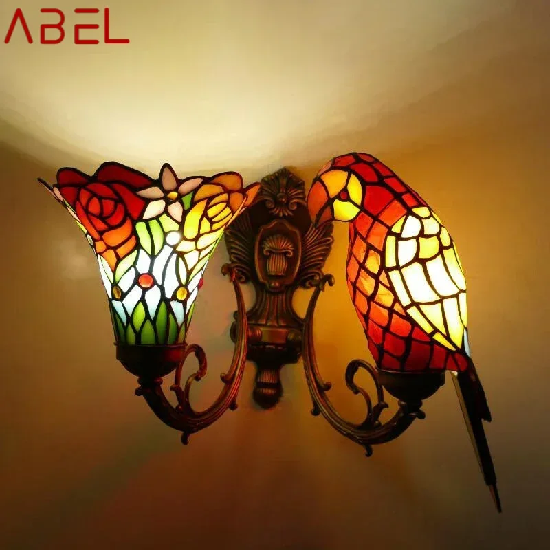 ABEL Tiffany parrot Wall Lamps American countryside Children's room Homestay Villa Hotel Stained Glass Animal Decoration Lamp