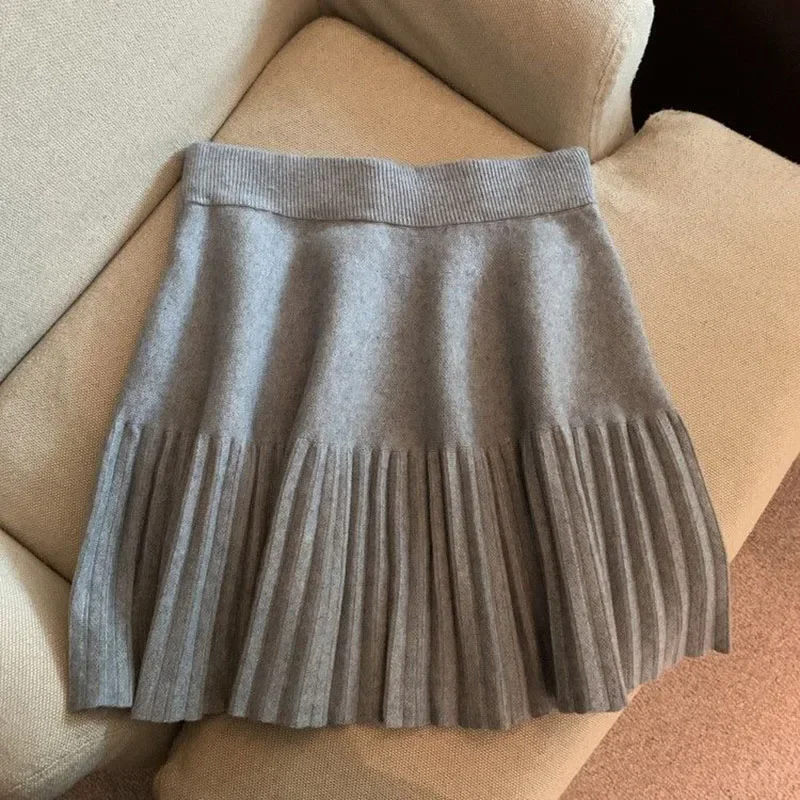 Smvp 2024 Otoño Invierno nueva falda acampanada de cintura alta mujeres camisas plisadas tejidas señora Color sólido estilo Preppy Mini faldas