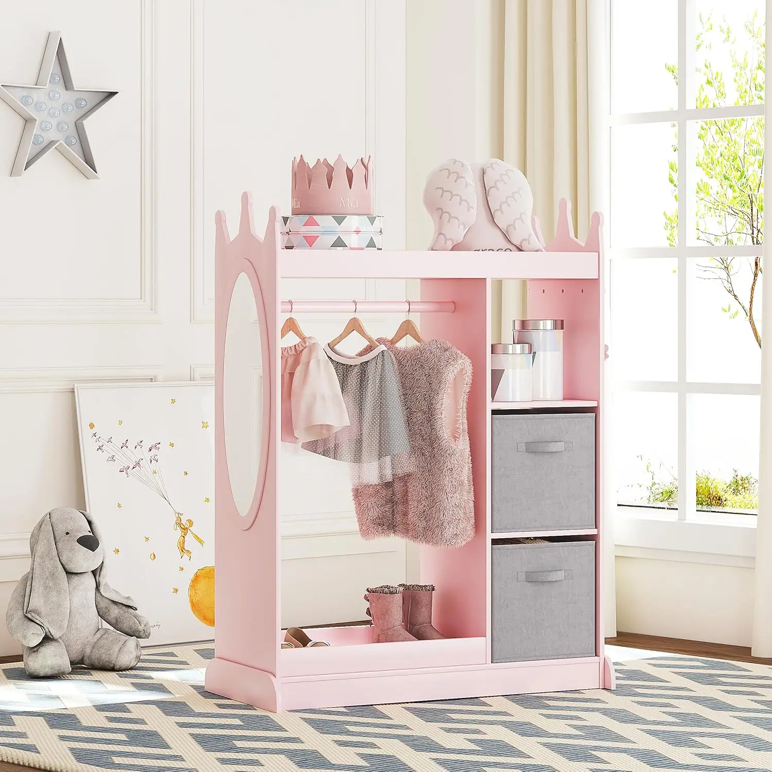 Armoire pour enfants avec miroir et bac de rangement, armoire rose, appels, qualité et style, beaucoup d'options de seuil et d'âge