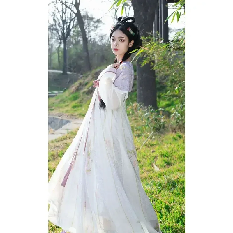 2 Colors Round Neck Tang Dynasty Summer Style Hanfu Dress for Women Tassel Dyeing Gradient Color Aesthetic Full Set