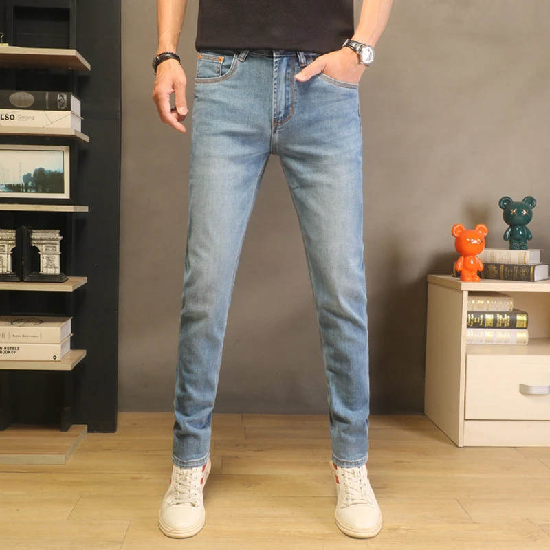 

Новинка 2026: Мужские джинсы из выстиранного денима, высококачественные, облегающие, стрейч, повседневные, универсальные, модные брюки