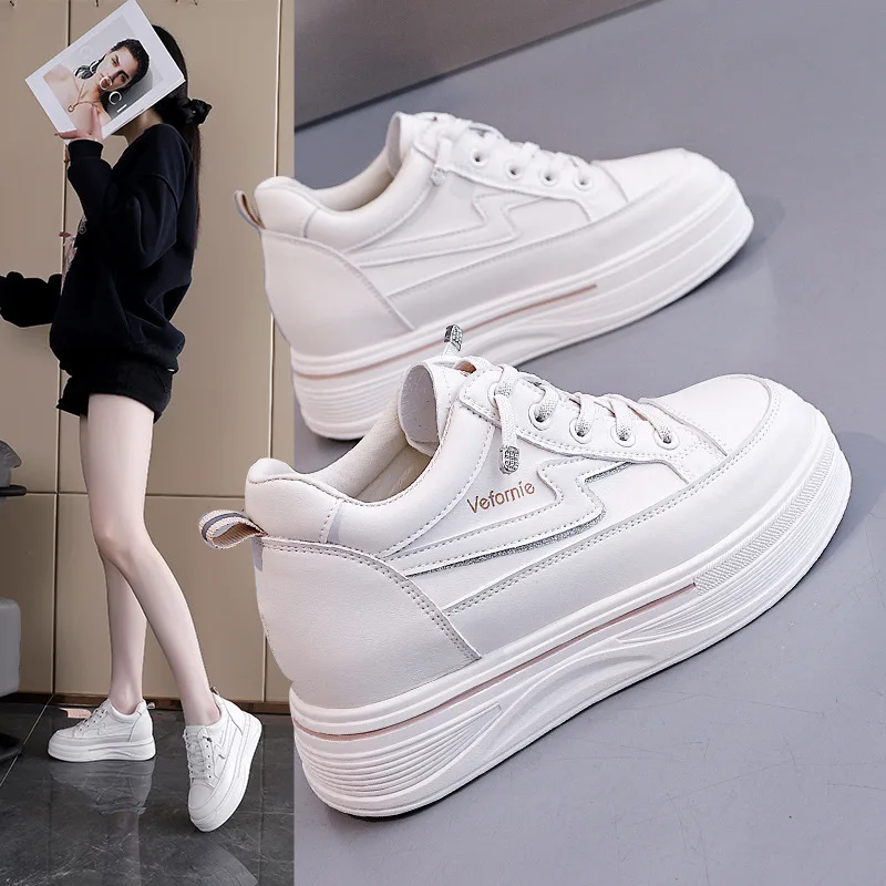 

Women's Height Increasing White Spring Shoes Lightweight Thick Soled Comfortable Casual Sports Board Shoes