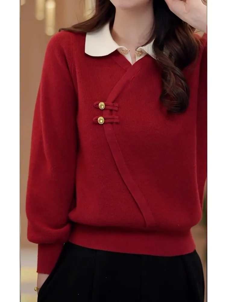 

Red Ne Knitted Sweater Women's Long Sve Ele Sle Winter New Year's Faion Slim Fit Chinese National Sle Top