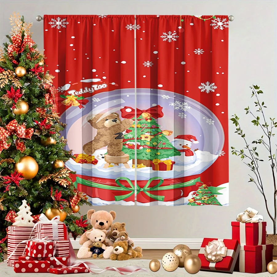 2PCS Christmas Winter Curtains, Teddy Bear Snow Globe Tree Red Snowflake, Digital Print, Bedroom Living Room, Home Decor