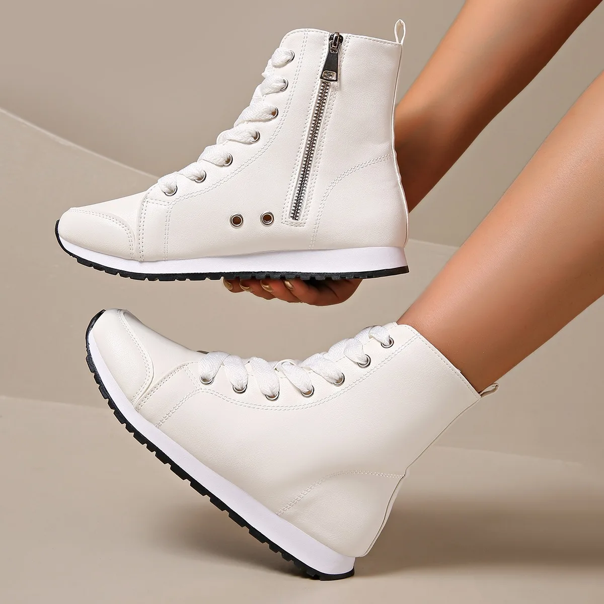 Frühling Herbst frauen Dünne Stiefel Mode Seite Zipper Lace-Up High-Top Sneakers Weiche Mikrofaser Leder Stiefeletten frauen Schuhe