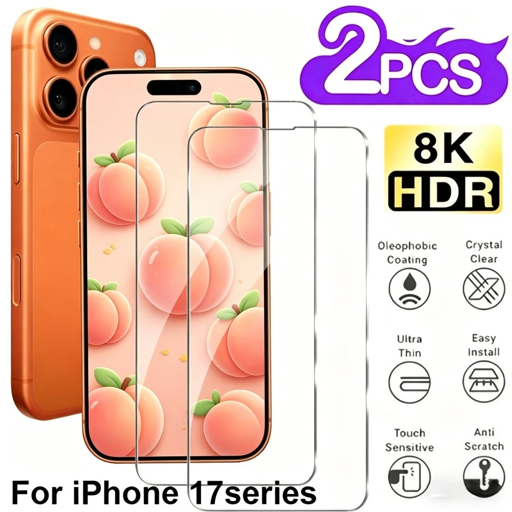 

2Pcs Full Cover HD Tempered Glass for iPhone 17 16 15 Pro Max 17e 16e Air 15 14 Plus 14 13 12 Pro 9H Hardness Screen Protector