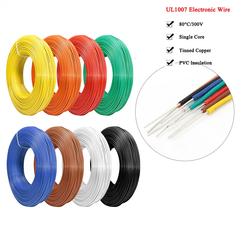 5/10/20M UL1007 Wire Tinned Copper Single Core PVC Insulation 14/16/18/20/22/24/26 AWG Cable Line DIY PCB Electron wires