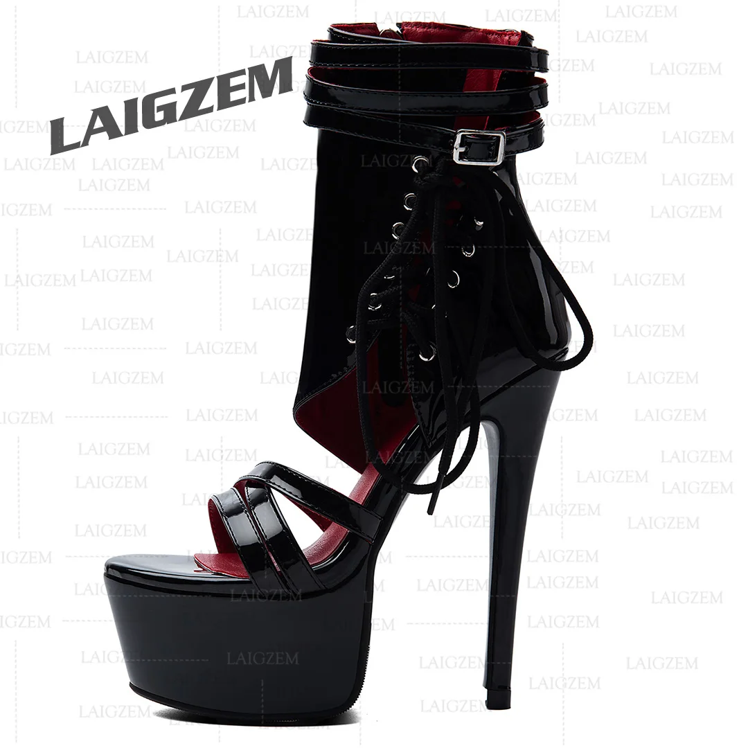 LAIGZEM Women Platform Sandals Side Zip Open Toe Thin High Heels Pumps Ladies Handmade Shoes Woman Large Size 39 43 45 50 52