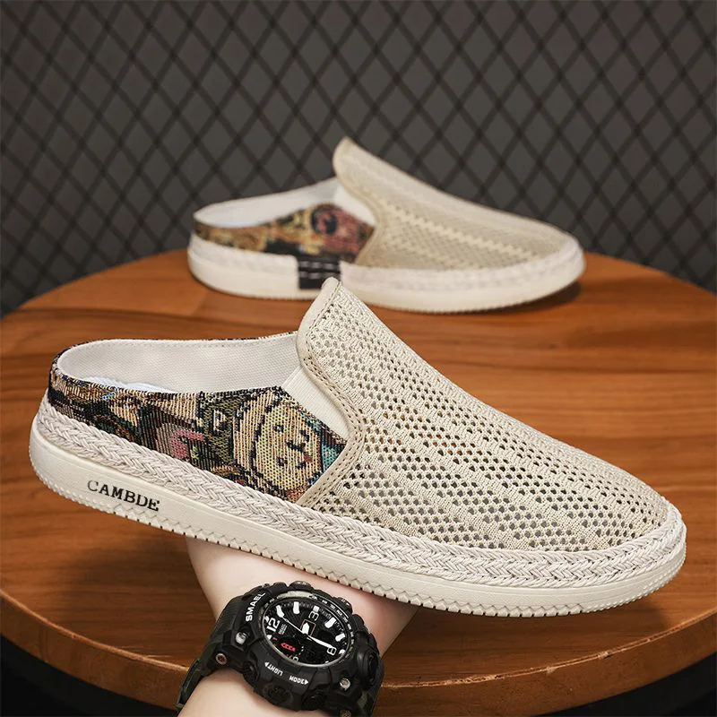 

Half slippers men's summer mesh casual one-pedal cloth shoes breathable hollow slippers heel-less old Beijing canvas