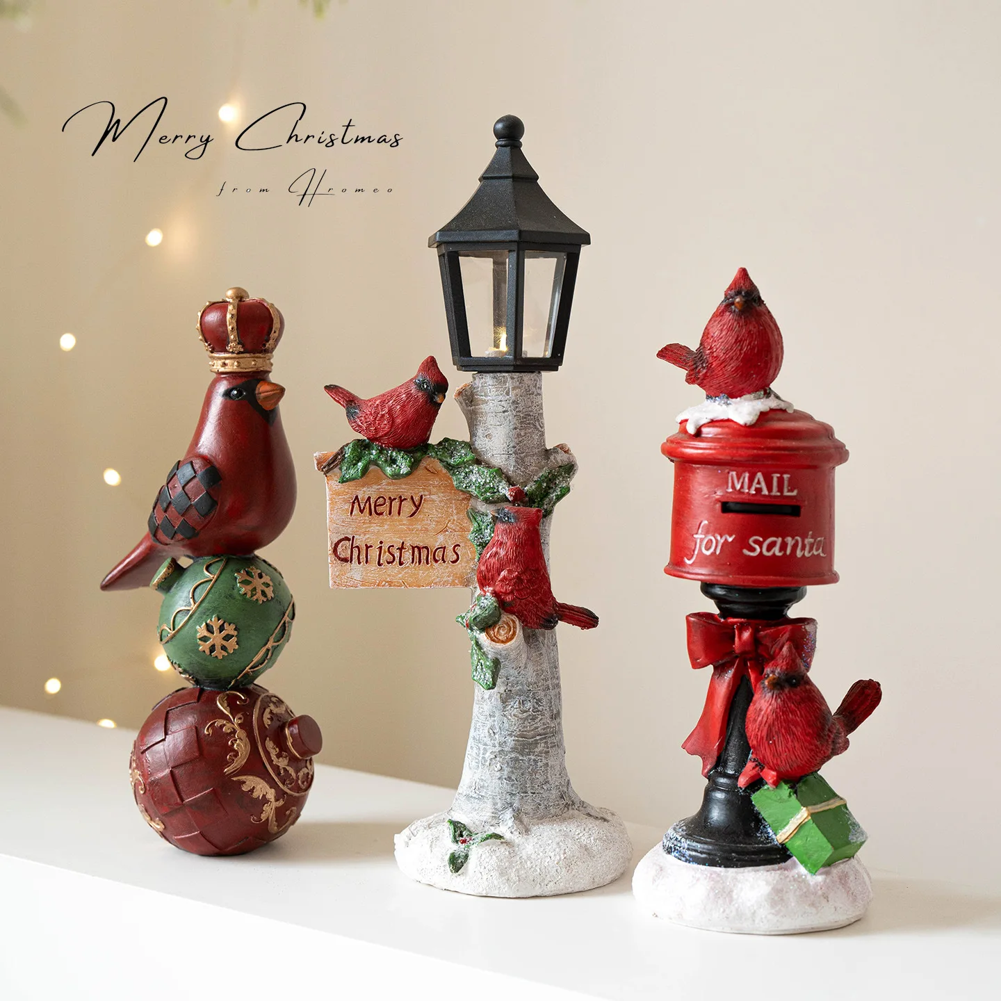 Resin Christmas Craft Ornaments Red Bird Mail Box Lamp Christmas Ball Home Decorative Handicraft For Navida Gift Supplies