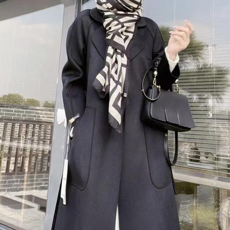 2026 Fall Winter Jacket Ripple Double-sided Wool Cashmere Coat High-end Bathrobe Style Windbreaker Women Belt Long Thick Warm