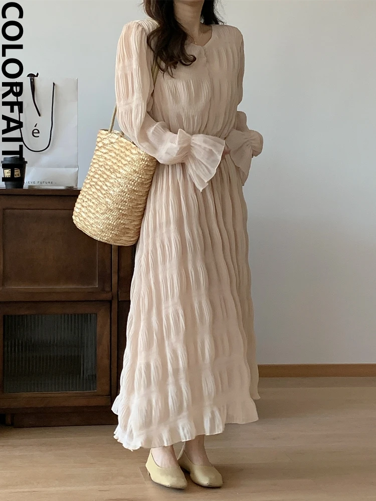 Colorfaith DR6004K New 2023 Chic Korean Fashion Fold High Waist Vintage Elegant Women\'s Spring Summer Wild Long Pleated Dresses