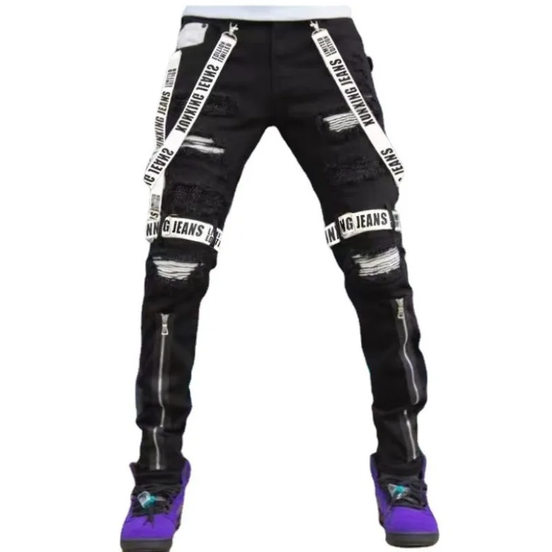 

Cross-border European and American Men's Trend New Webbing Jeans Ripped Small Feet Zipper Slim Men's Fashion Selfdom Trousers