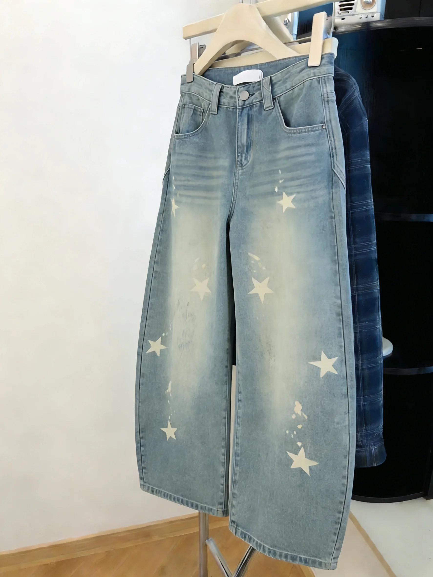 

Retro American High Street Star Print Straight Leg Jeans Men Women Spring Autumn Street Sle High Waist Slim Wide Leg Pants