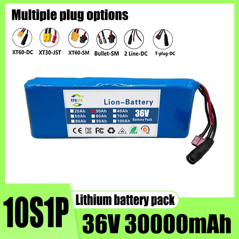 36V 30000mAh 10S1P large capacity battery pack 18650 lithium-ion rechargeable battery with BMS, equipped with 42V 2A charger