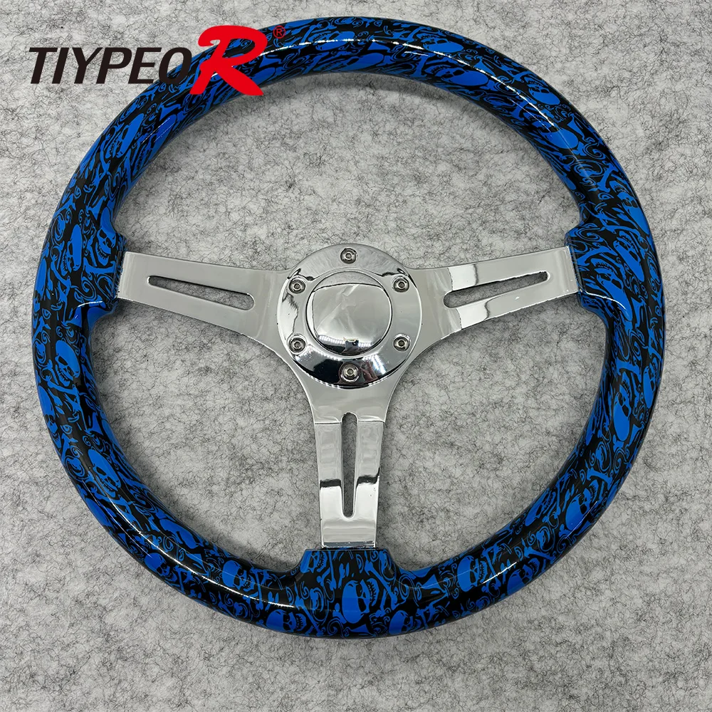 

Blue Solid Wood Steering Wheel With Skull Graffiti Vintage Racing Modification Car Steering Wheel