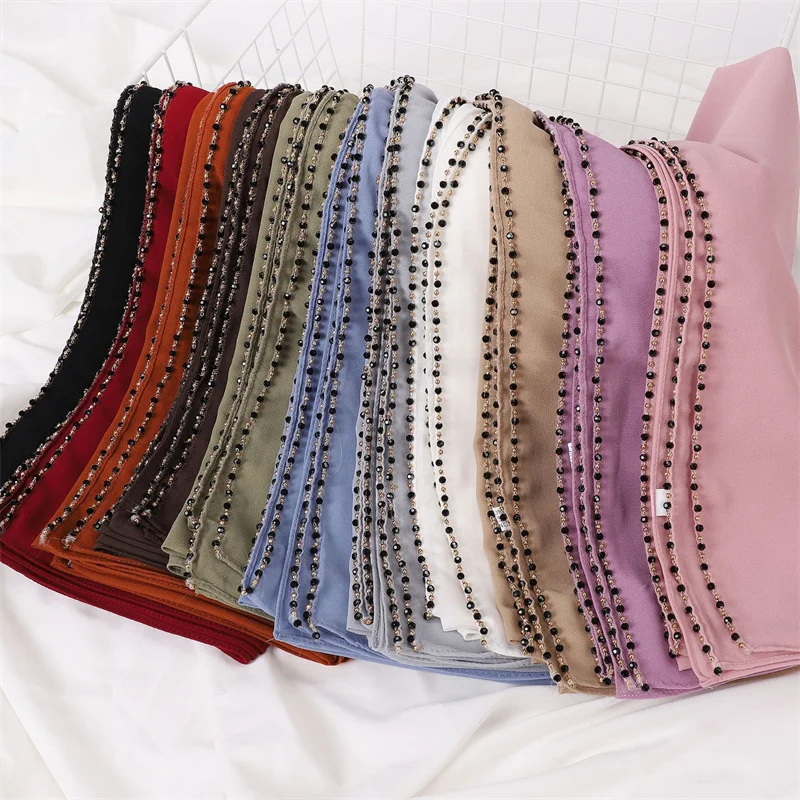 

2024 Роскошное ожерелье с жемчужной цепочкой, пузырьковый шифон, хиджаб, шали, женские шали высокого качества, пляжная накидка Bufandas Ramadan, мусульманский Sjaal 175*70 см