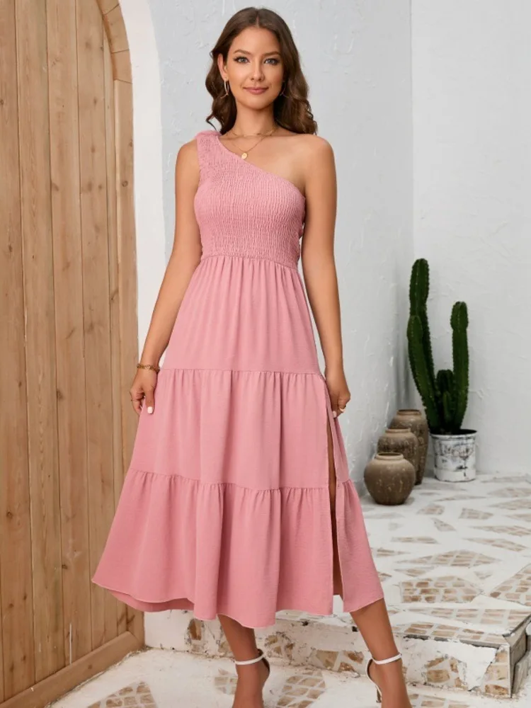 

2025 Elegant Solid Color One-Shoulder Ruched Slim Fit Dress with Side Slit – Stylish Jazz Dance Performance Clothing