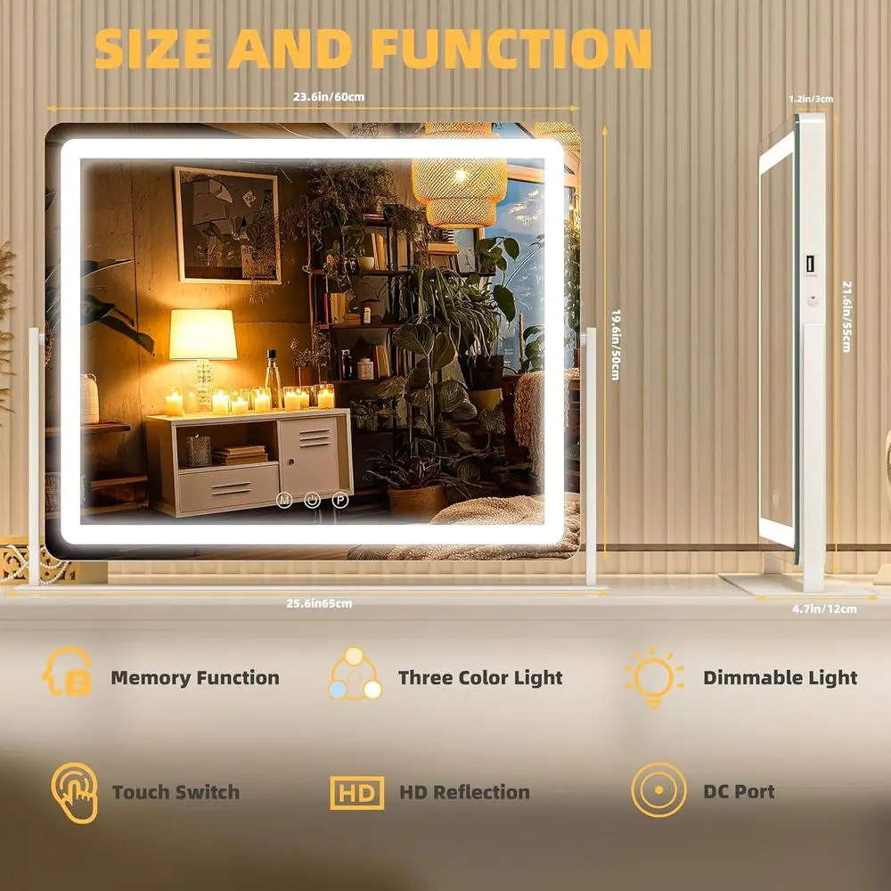 25.6 x 22cm LEDライト付きメイクアップミラー、3色オプションのタッチスクリーン、化粧台用調光機能付き