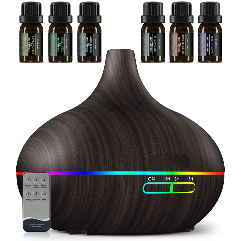 

Oil Diffuser, 550ml Aromatherapy Diffuser with 6x10ml Included, 7x2 Colorful LED Night Light, 23dB Quiet BPA-Free Essential Oil