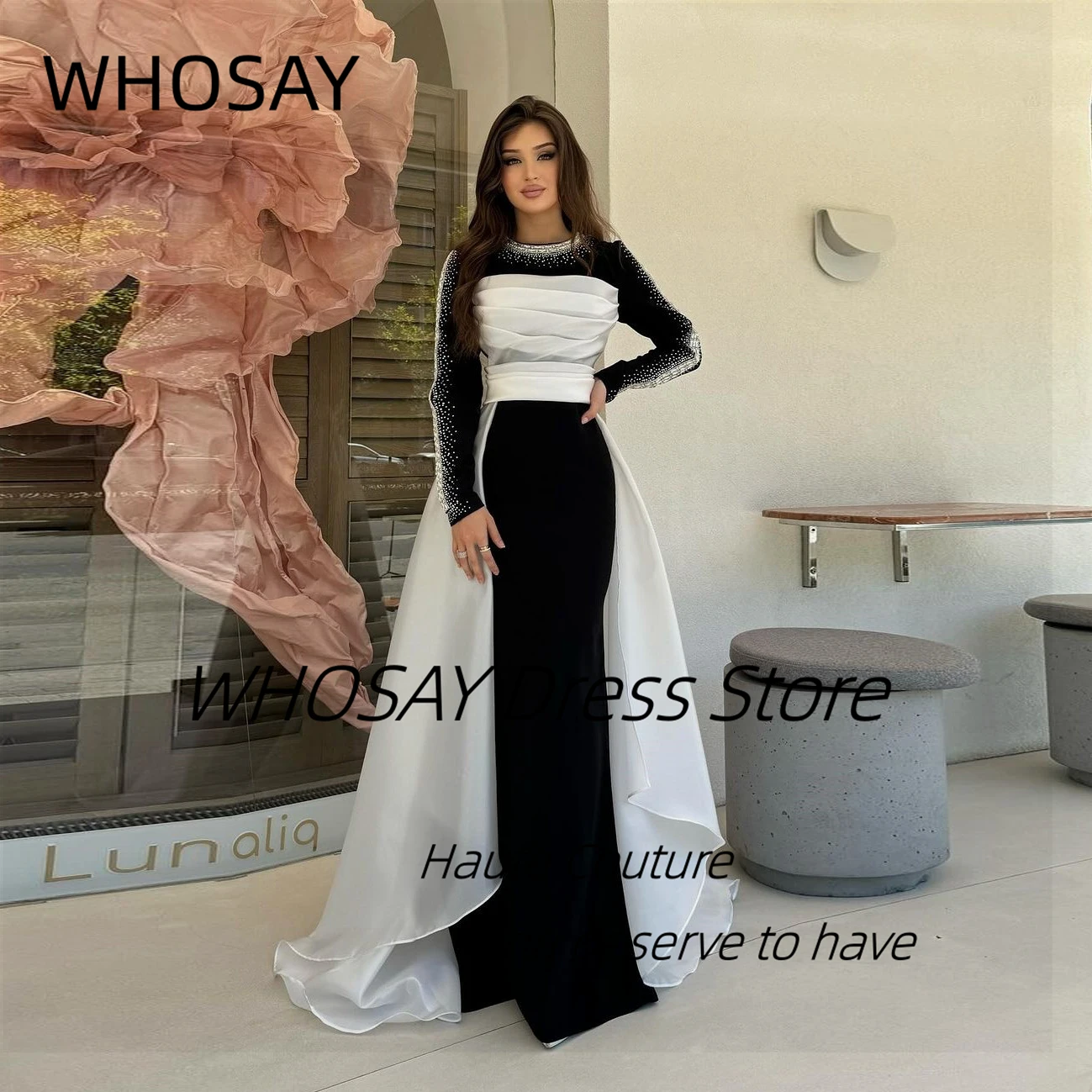 WHOSAY-Vestidos de Noche a medida con cuentas, mangas largas, vestido Formal para ocasiones con sobrefaldas, vestidos de fiesta de graduación, Color de contraste