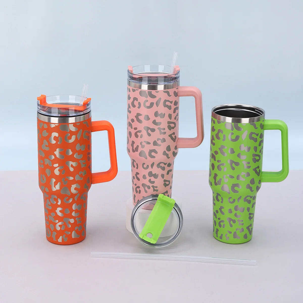 1Pc 40oz Stainless Steel Leopard Print Cup with Straw Portable Car Cup Large Capacity Water Cup