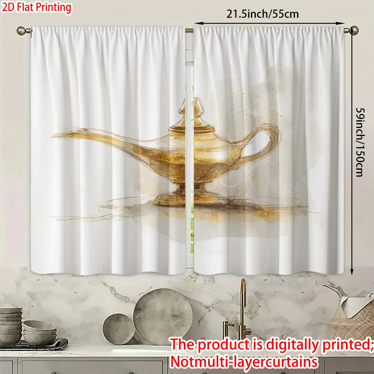 Modern Elegant Abstract Teapot Art Curtain Panels Gold Print Window Drapes for Living Room Bedroom Home Decor