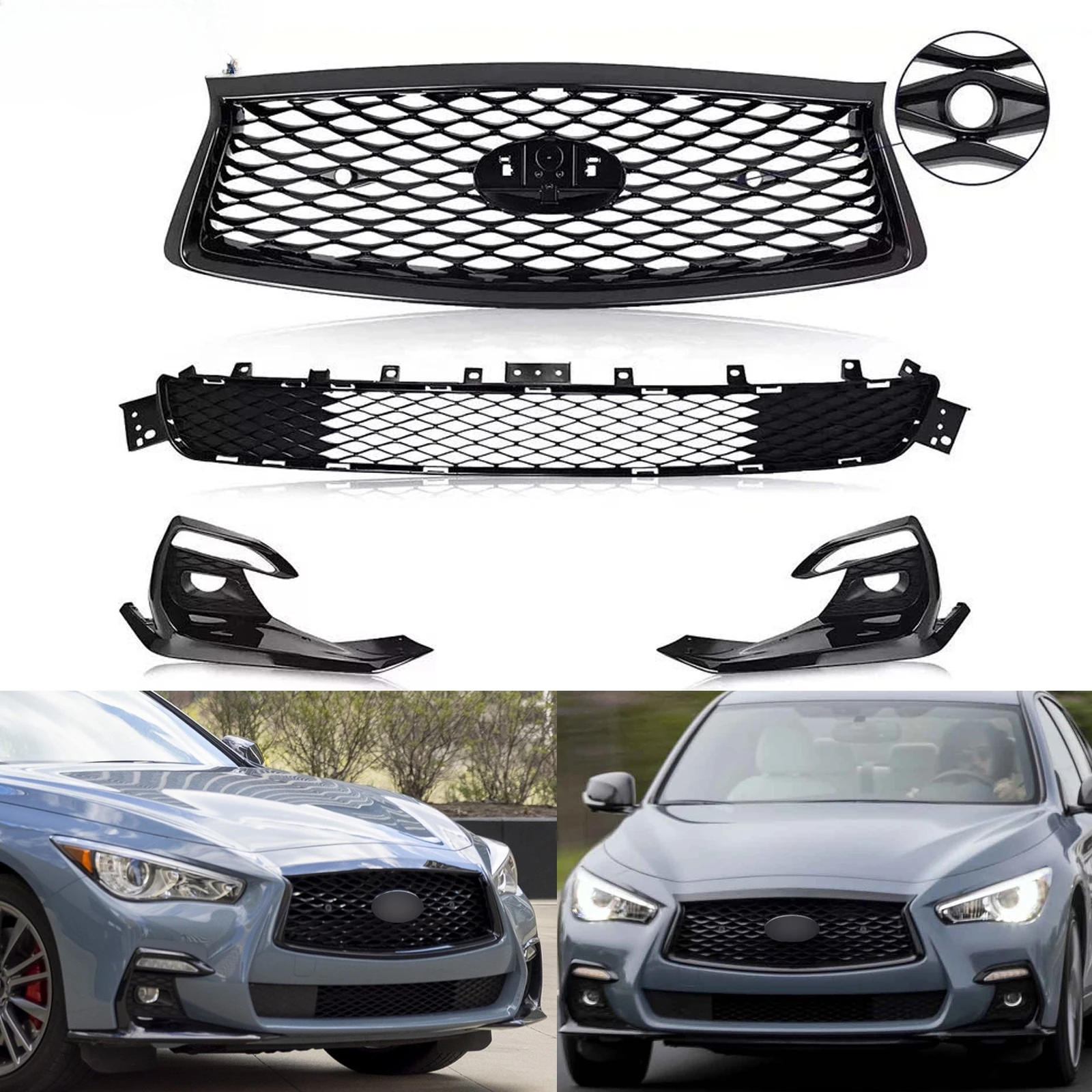 

For 2018-2024 Infiniti Q50 Sport Front Upper Lower Grille Fog Light Bezels Cover