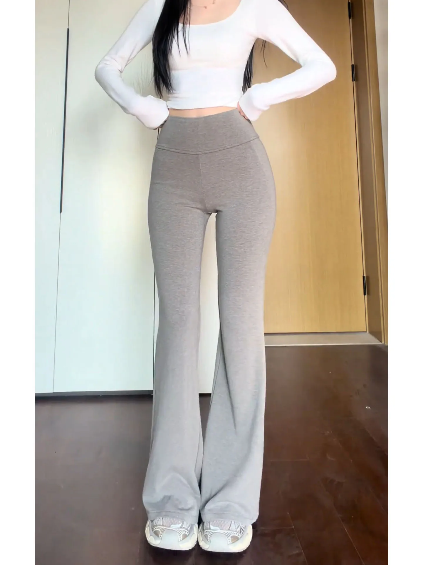 Light ey High Waist Fce Lined Bell Bot Yoga Pants Women's Autumn Winter New Sle Dra Slimming Casual Pants