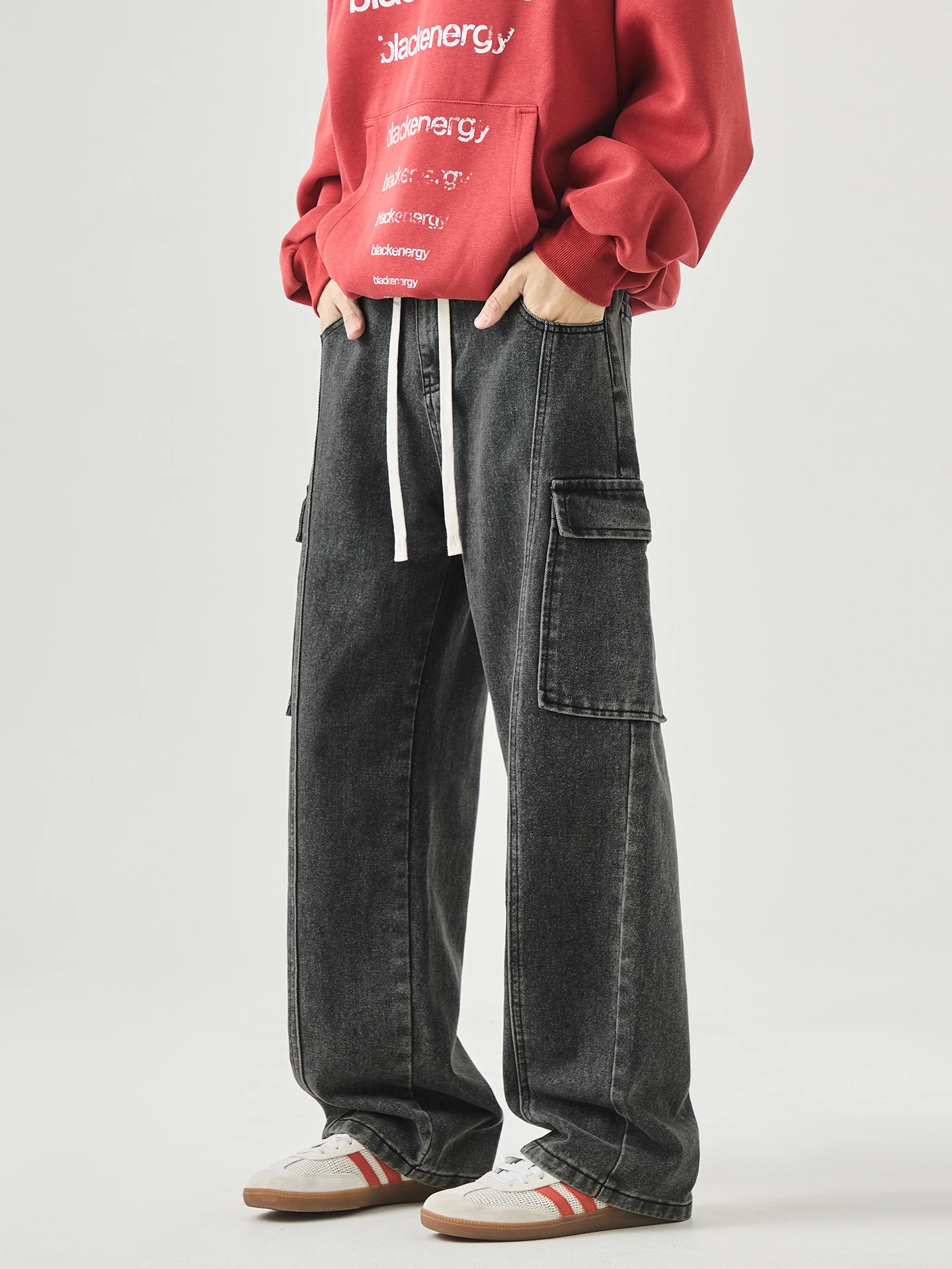 

Boyue Street Sle Worn-In Denim Jeans Casual Wide Leg Long Pants for Men Youth Faion Cotton Polyester Regenerated Fiber