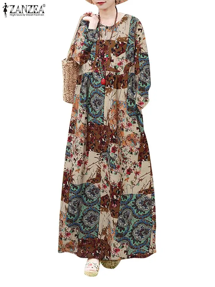 ZANZEA-Vestido largo de manga larga con cuello redondo para mujer, traje holgado estilo caftán con estampado Floral, Estilo Vintage, para fiesta y otoño, 2024