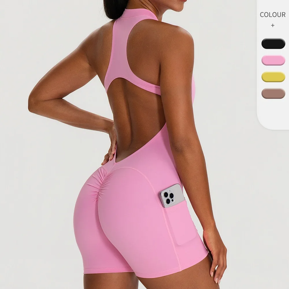 Summer Yoga Jumpsuit Back Cutout One Piece Padded Workout Bodysuit Butt Lifting Fitness Sport Yoga Clothes With Pocket