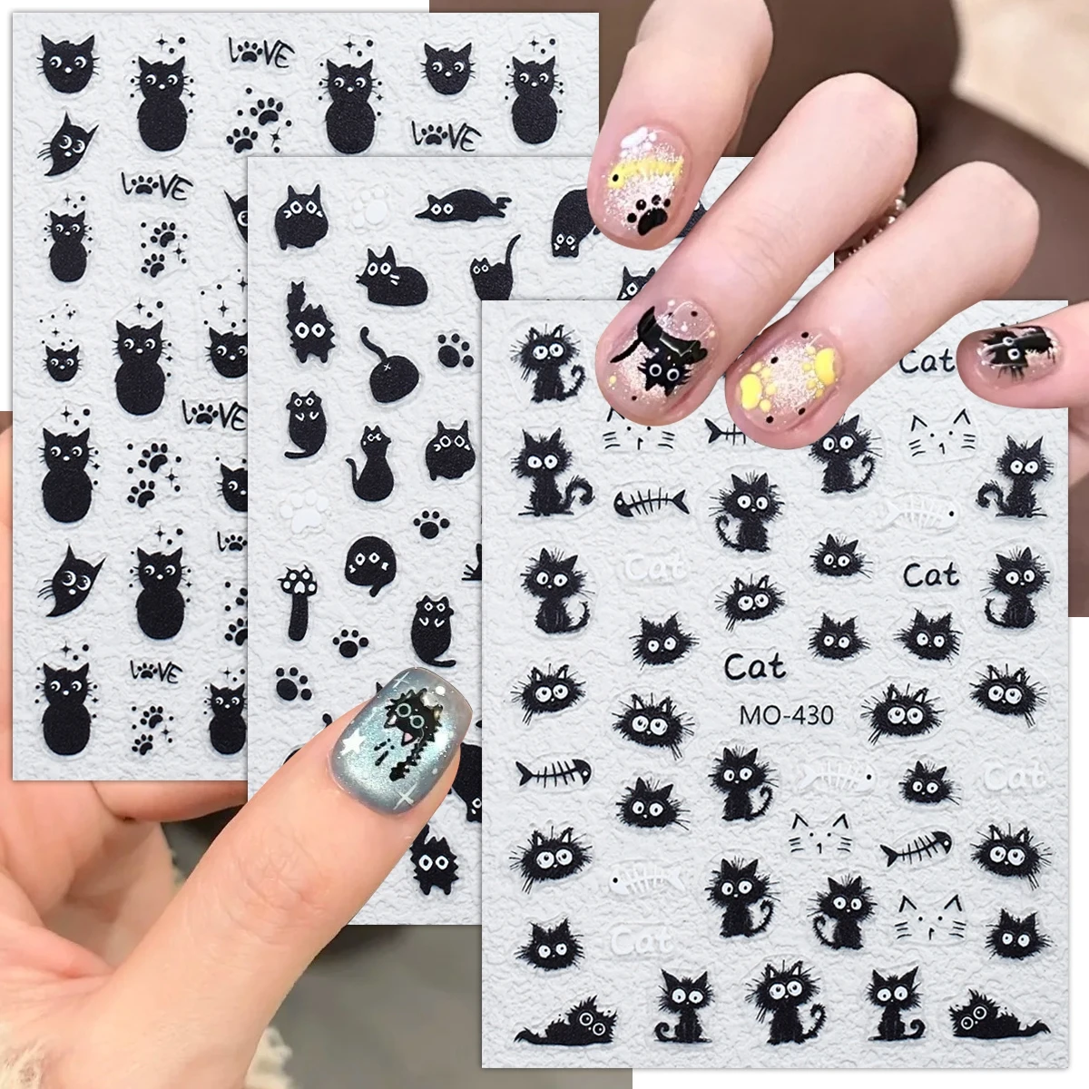3/6/12 Sheets Cute Black Hairy Cat Nail Art Stickers Cartoon Cat Nail Decals 5D Embossed Animal Nail Decorations DIY