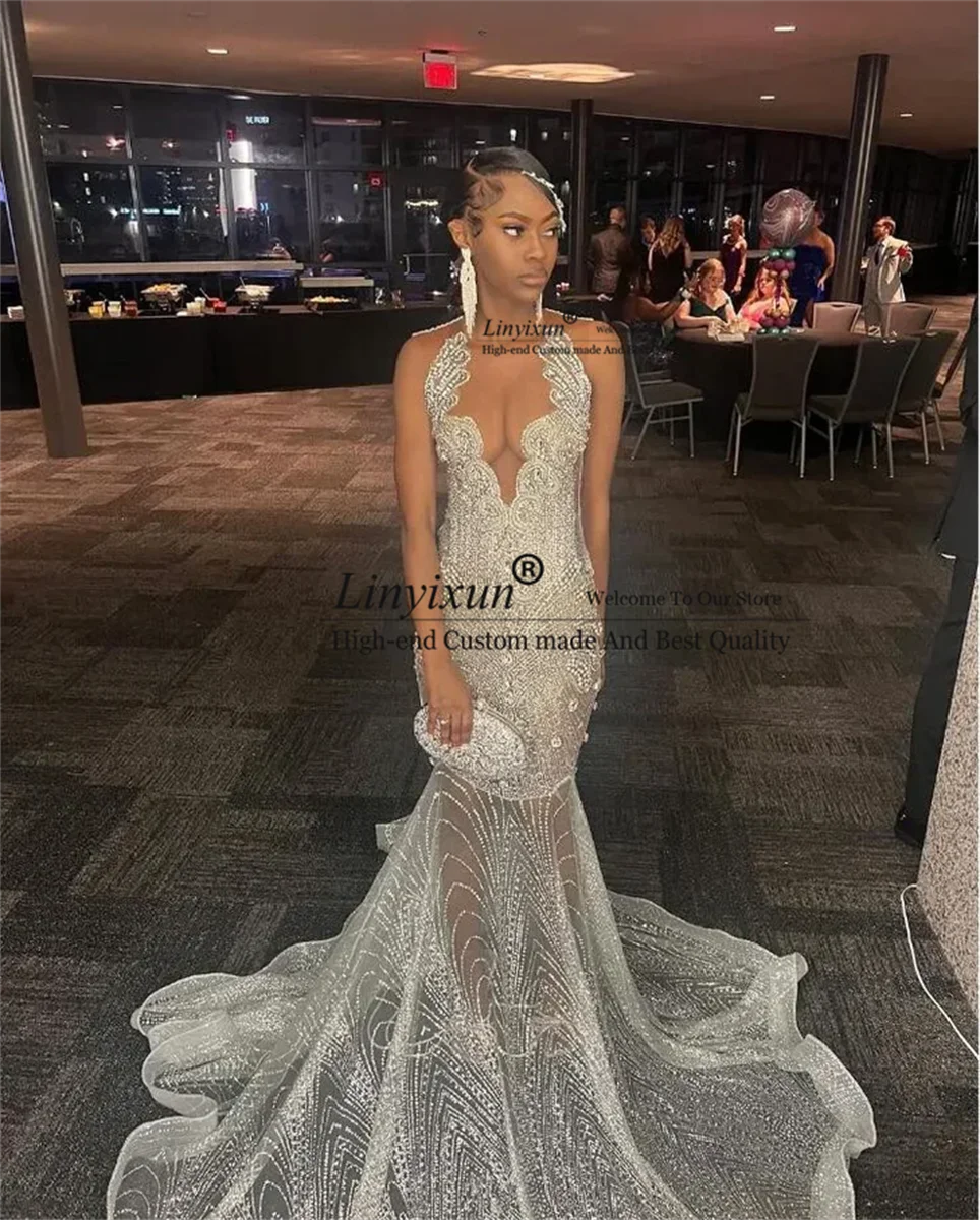 Diamond Sparkly Evening Formal Dresses for Black Girl Luxury Gillter Diamond Customized See Through Prom Gala Birthday Dress