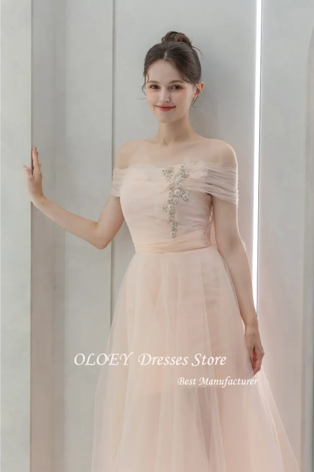 OLOEY 핑크 공주 한국 웨딩 드레스 a 라인 오프 숄더 댄스 파티 드레스 바닥 길이 사진 Shooy 댄스 파티 드레스