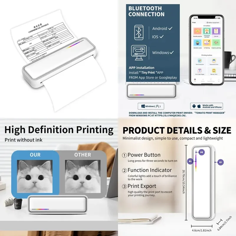 Wireless A4 Thermal Printer Pocket Photo Document Printer Portable Mobile Phone Digital 210MM TYPE-C Black and White