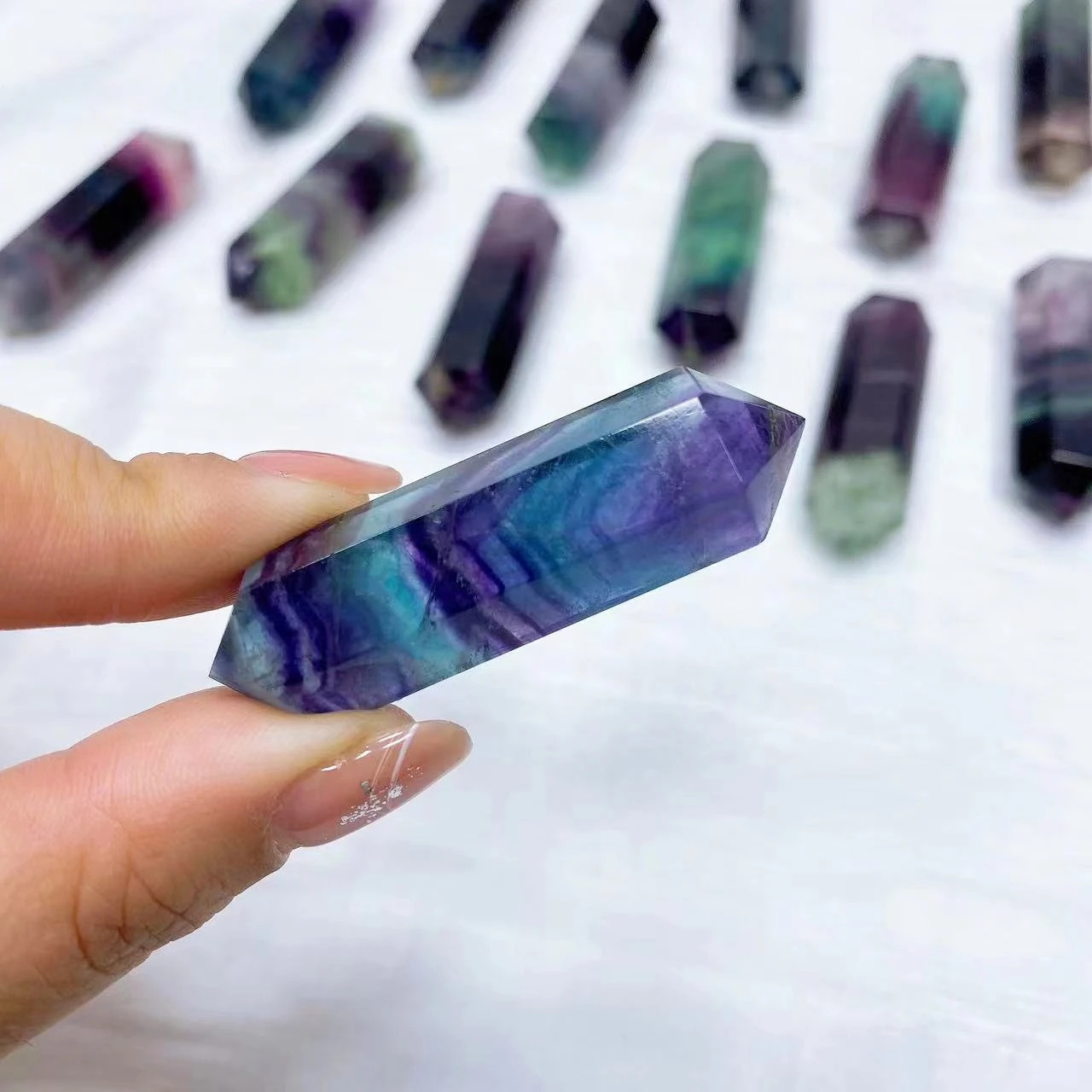 Natural Rainbow  Fluorite Crystal Stone Tower Colorful Striped Quartz Double Point Reiki Energy Healing Home Decor Gift