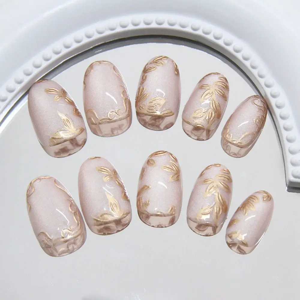 24 Uds manicura uñas postizas ovaladas cortas hoja de flor de oro francés prensa en uñas ojo de gato uñas postizas desmontables mujeres