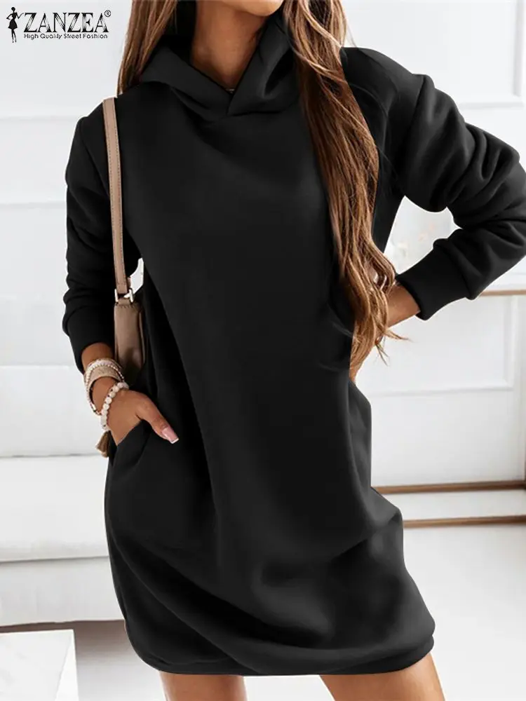 ZANZEA 2024 Autumn Fashion Hoodie Sweatshirt Dress Women Long Sleeve Pullover Mini Dresses Casual Loose Pocket Hooded Vestidos