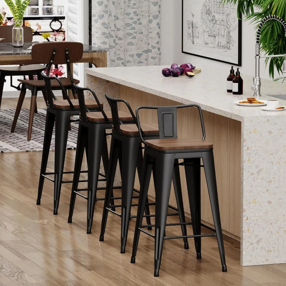 Metal Counter Bar Stools, madeira Top, parte traseira baixa, preto fosco, conjunto de 4, 24"