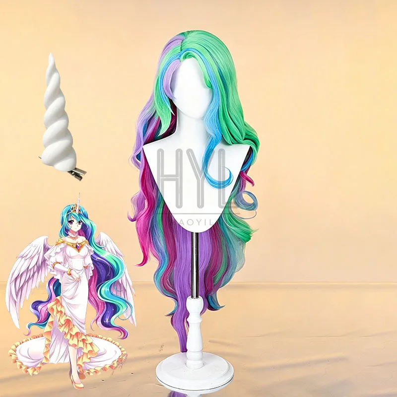 Anime Pony Princess Celestia Cosplay Perücke, bunt, lang, natürlich aussehendes Kunsthaar für Frauen, Halloween, Karneval, Party, Kostüm