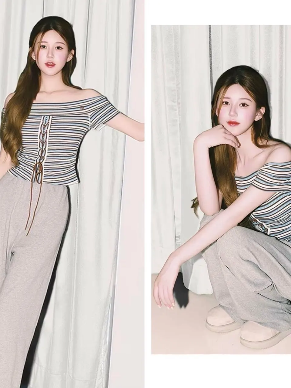 

Zhaolu Short Sleeve American Color Block Striped T Shirt Women Summer Letter Drawstring Shoulder Baring Top Casual Fit Knitted